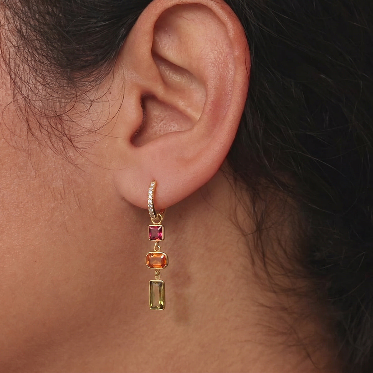 Gold Multi-Colour Gemstone Huggie Drop Earrings