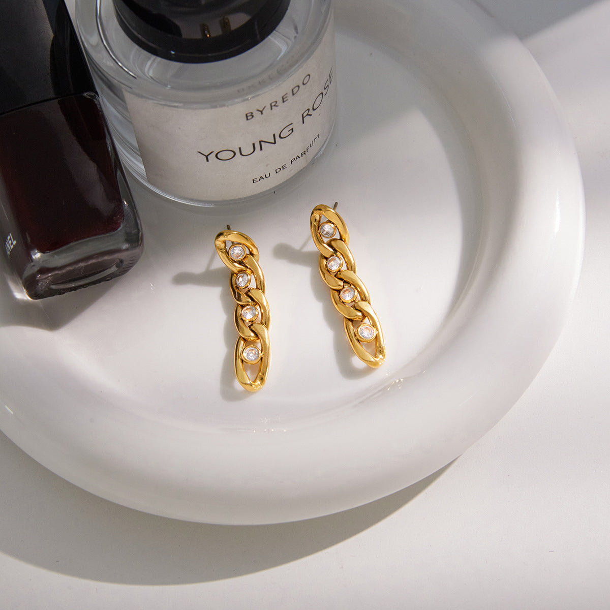 Gold-Tone CZ Link Drop Earrings