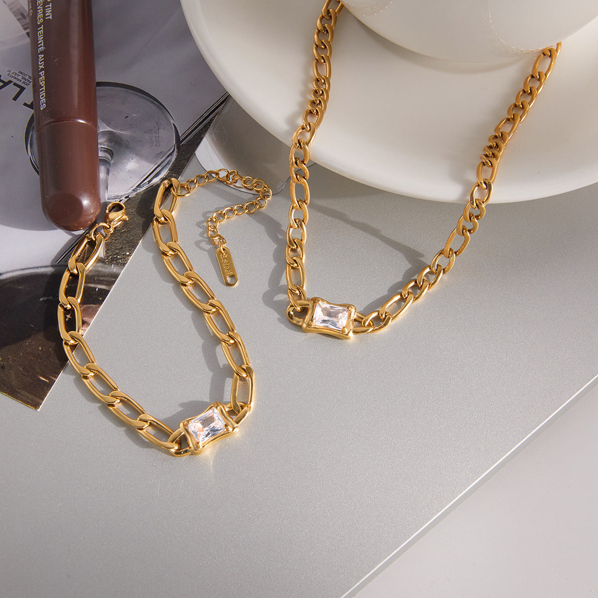 18K PVD Gold Plated Zircon Link Chain Necklace