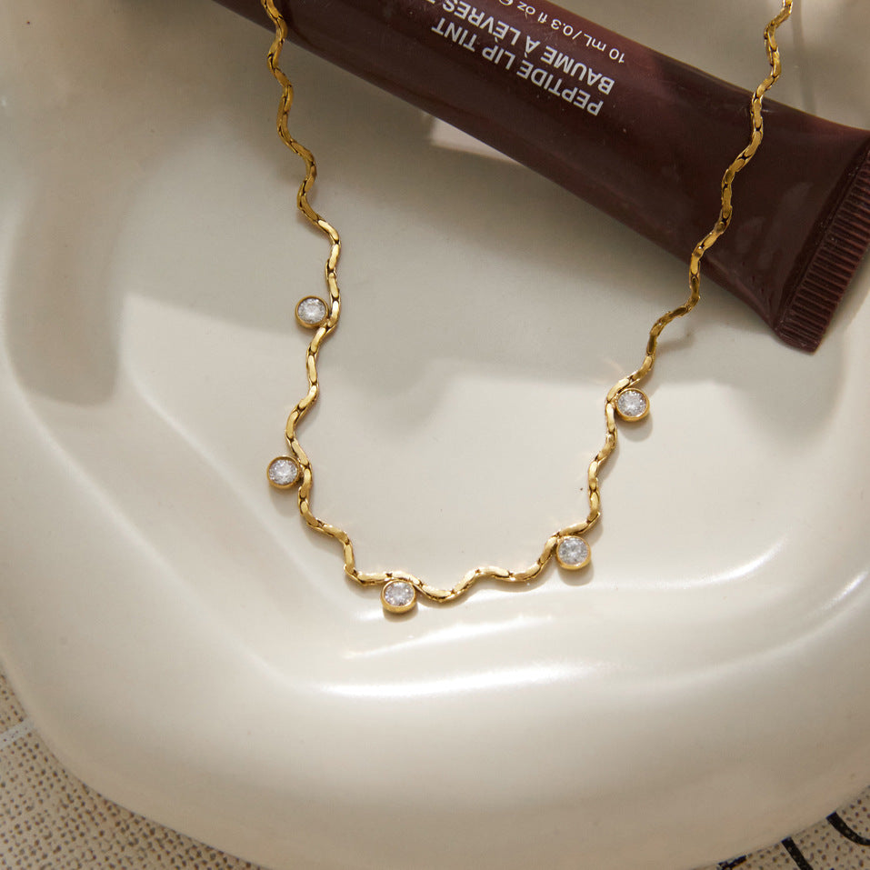 18K PVD Gold Plated Wavy CZ Necklace