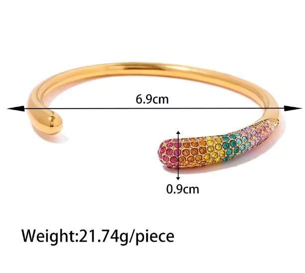 Rainbow Crystal Open Cuff Bangle – 18K Gold PVD