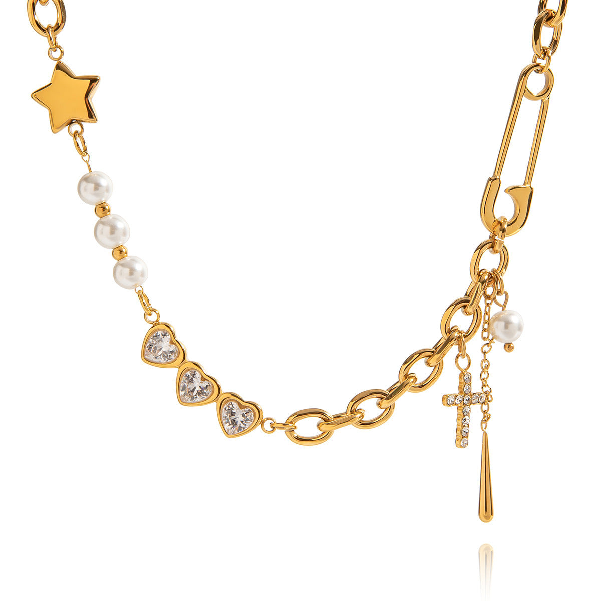 18K Gold Plated Pearl & Heart Charm Link Chain Necklace