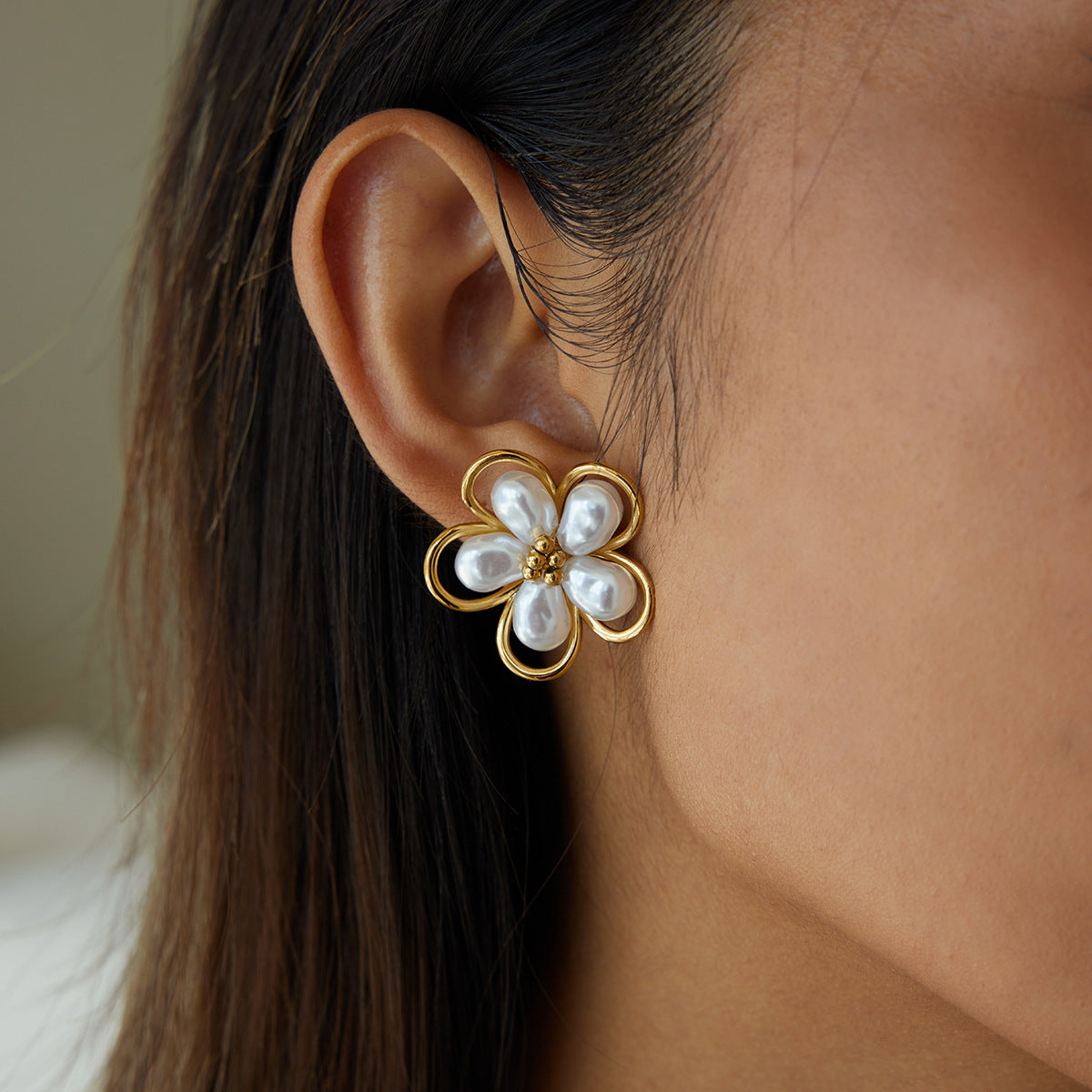 Luminous Pearl Blossom 18K Gold Plated Statement Earrings