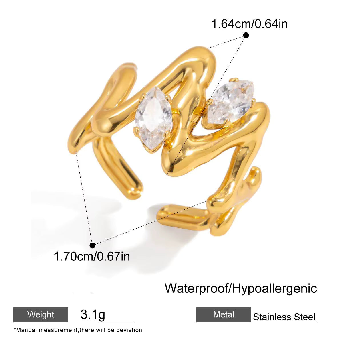18K Gold PVD Zircon Statement Rings – Stainless Steel