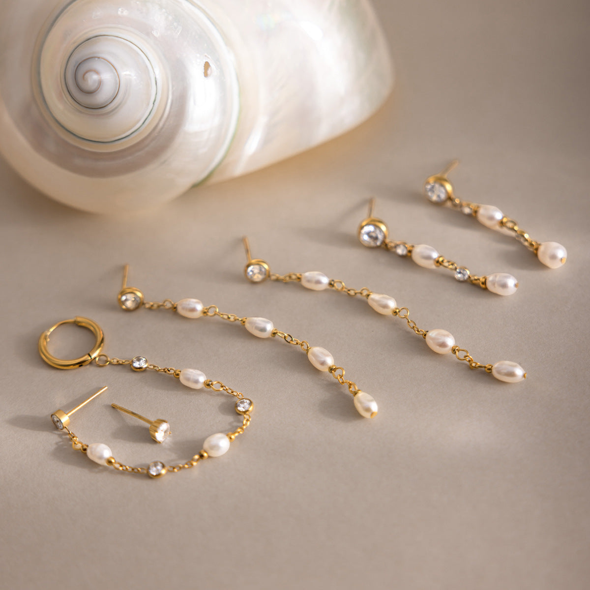Gold Pearl & Zircon Long Chain Drop Earrings