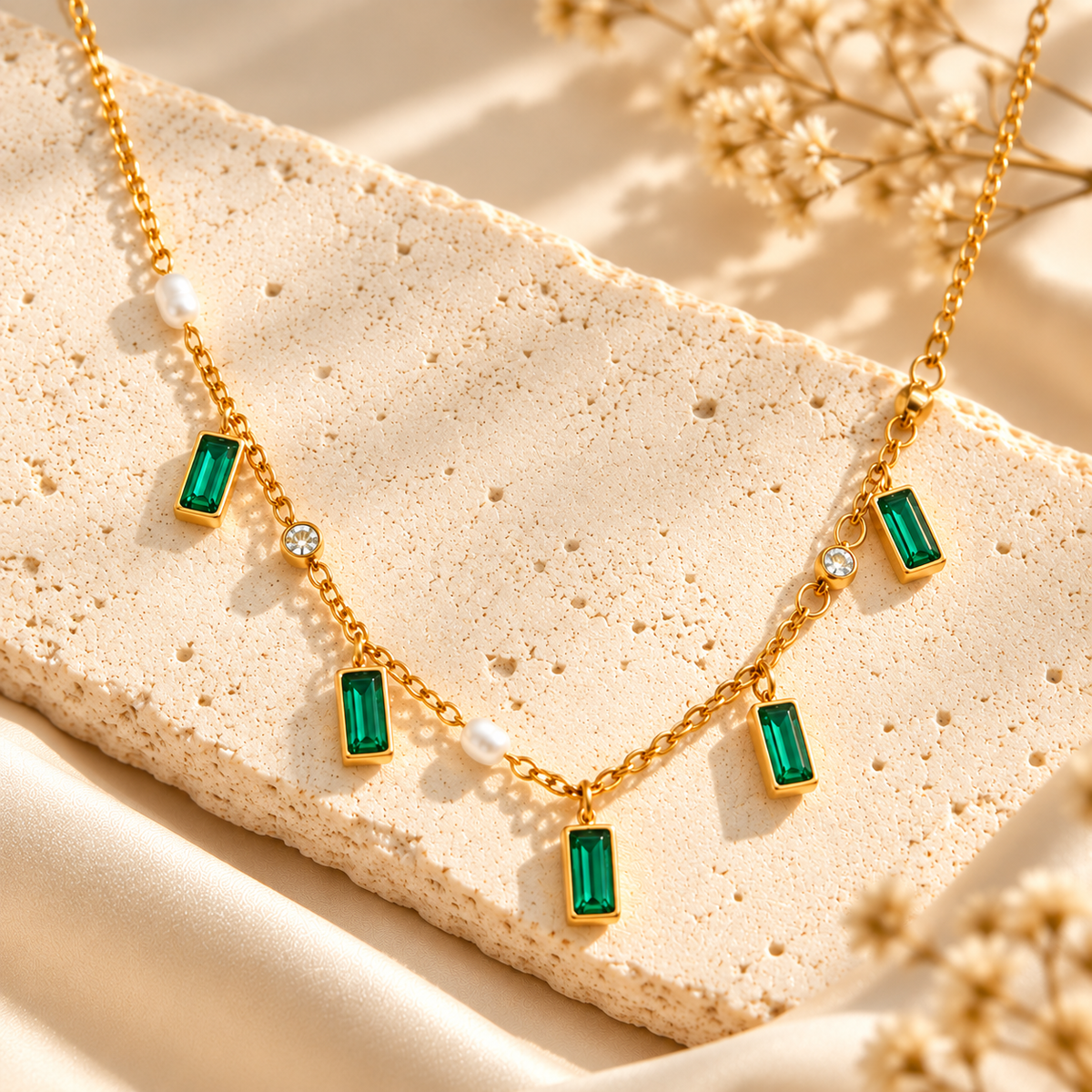 Gold and Gemstone & Pearl Charm Necklace