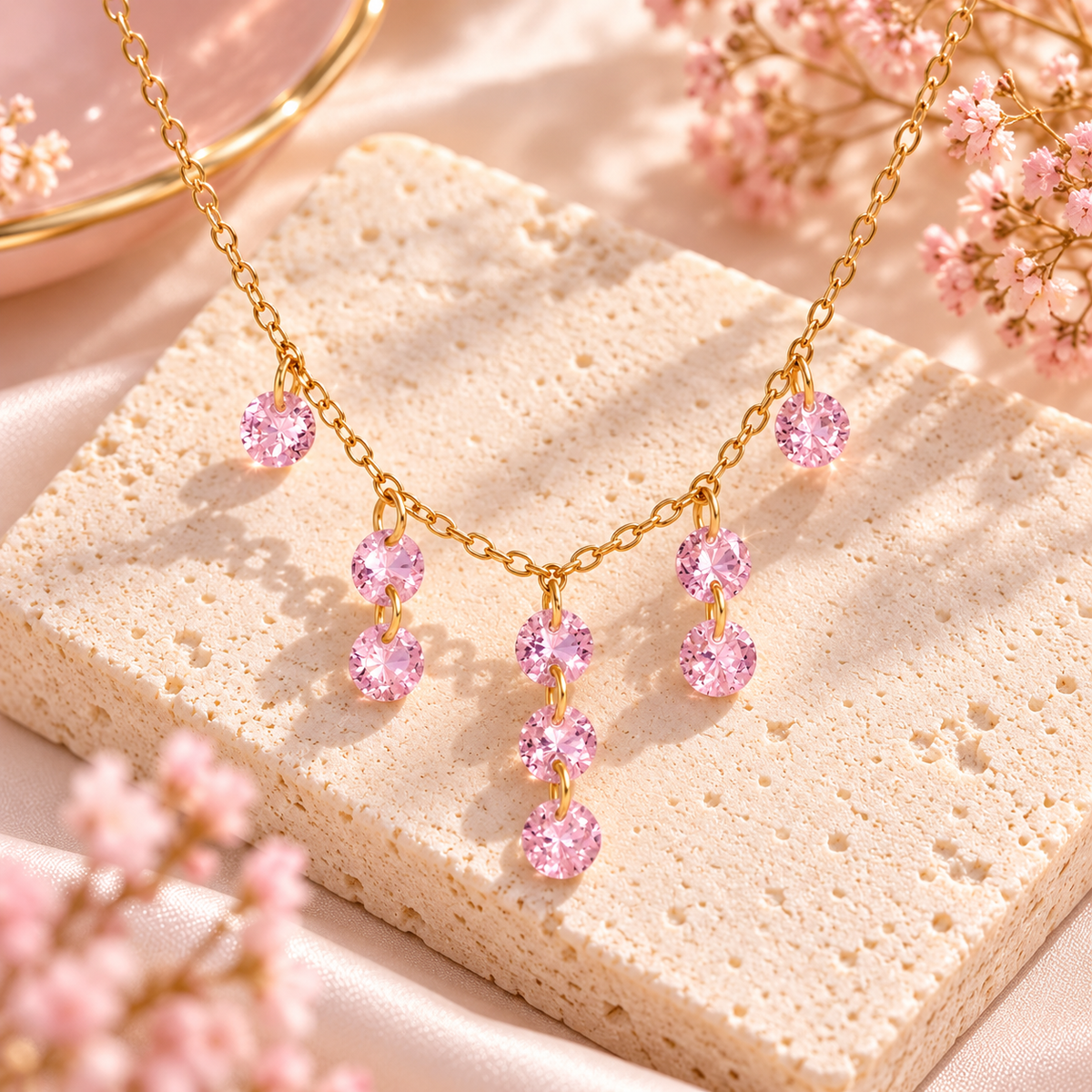 Pink Crystal Drop Charm Necklace