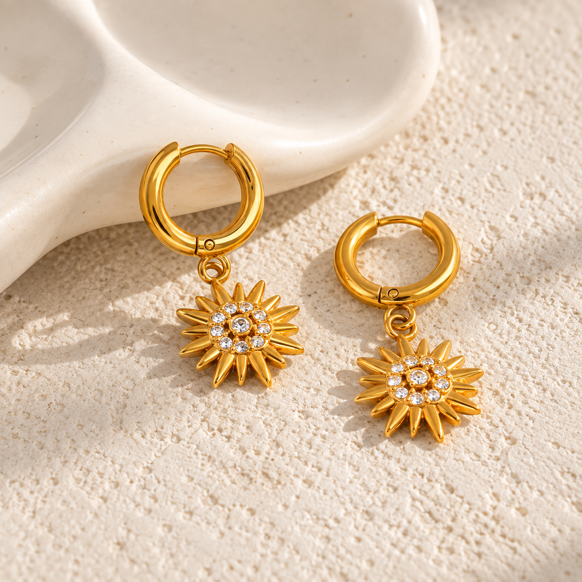 18K Gold Plated Sunburst CZ Huggie Earrings