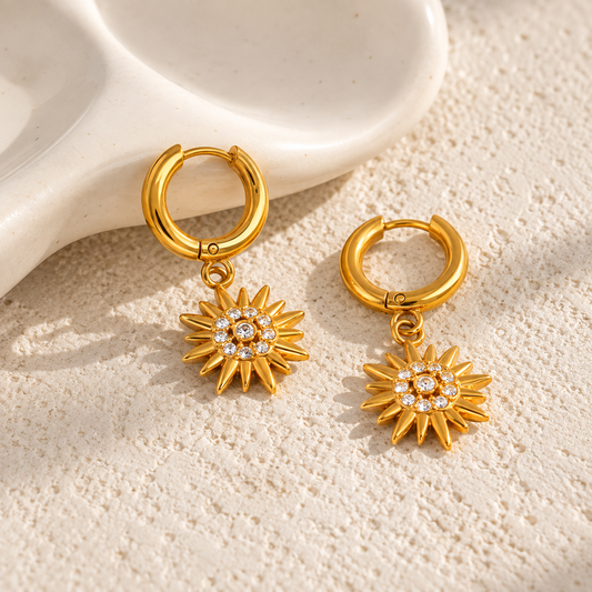 18K Gold Plated Sunburst CZ Huggie Earrings