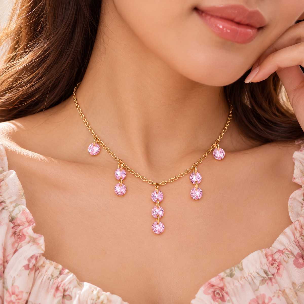 Pink Crystal Drop Charm Necklace