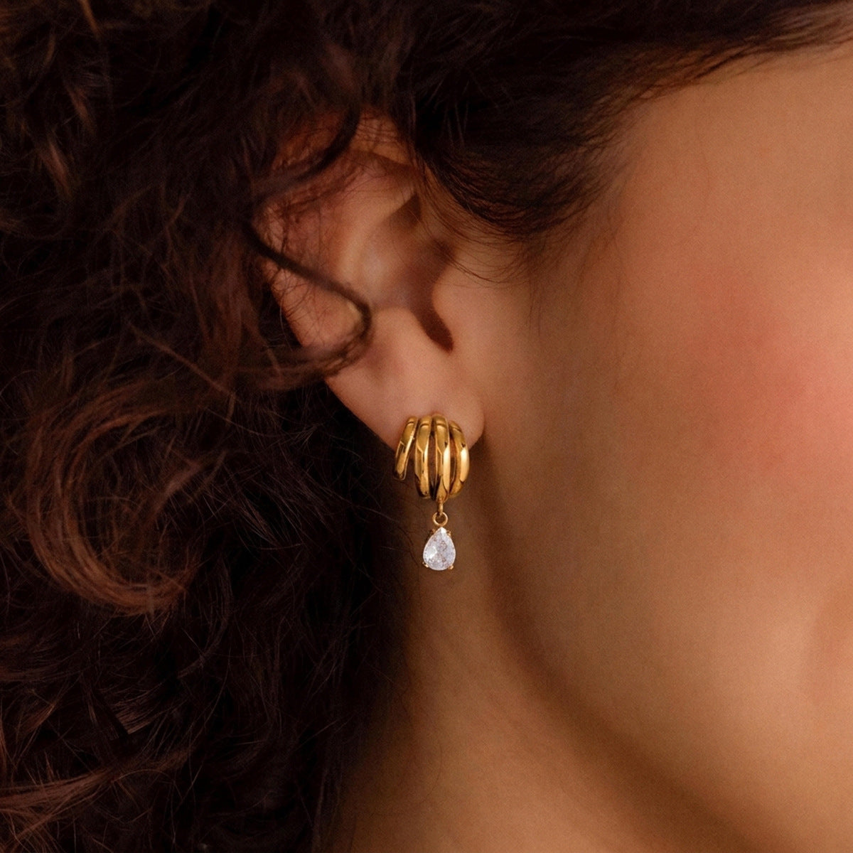 Coil Wave Drop Earrings — Sculptural Gold Hoop with Crystal Drop