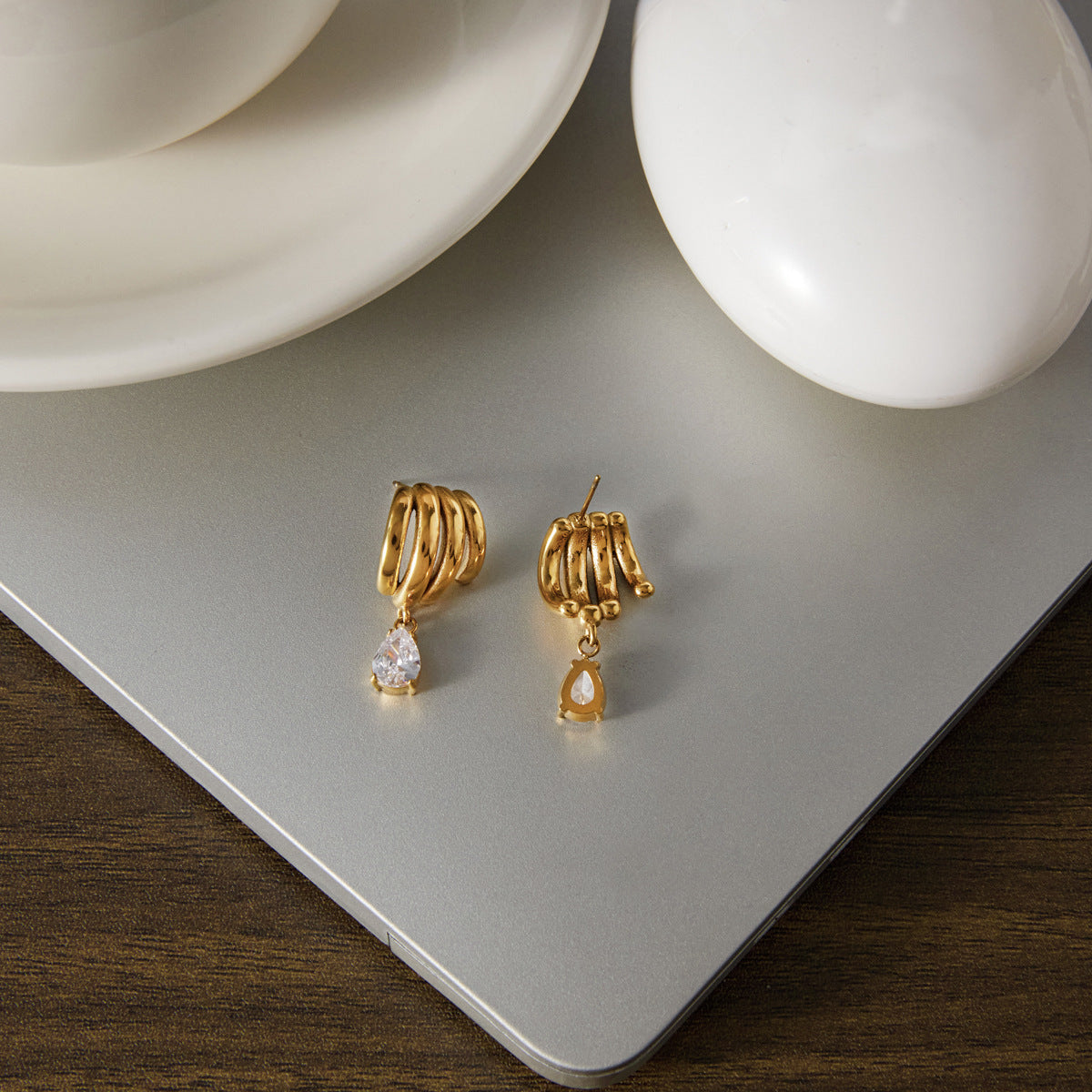 Coil Wave Drop Earrings — Sculptural Gold Hoop with Crystal Drop
