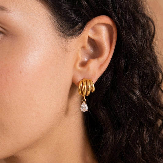 Coil Wave Drop Earrings — Sculptural Gold Hoop with Crystal Drop