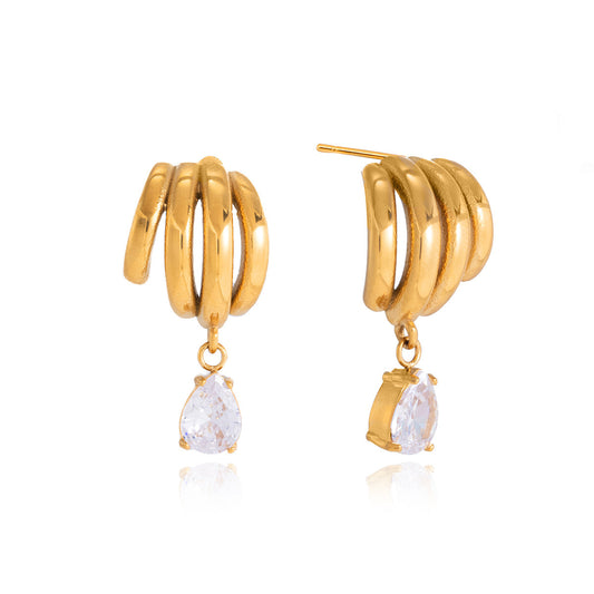 Coil Wave Drop Earrings — Sculptural Gold Hoop with Crystal Drop