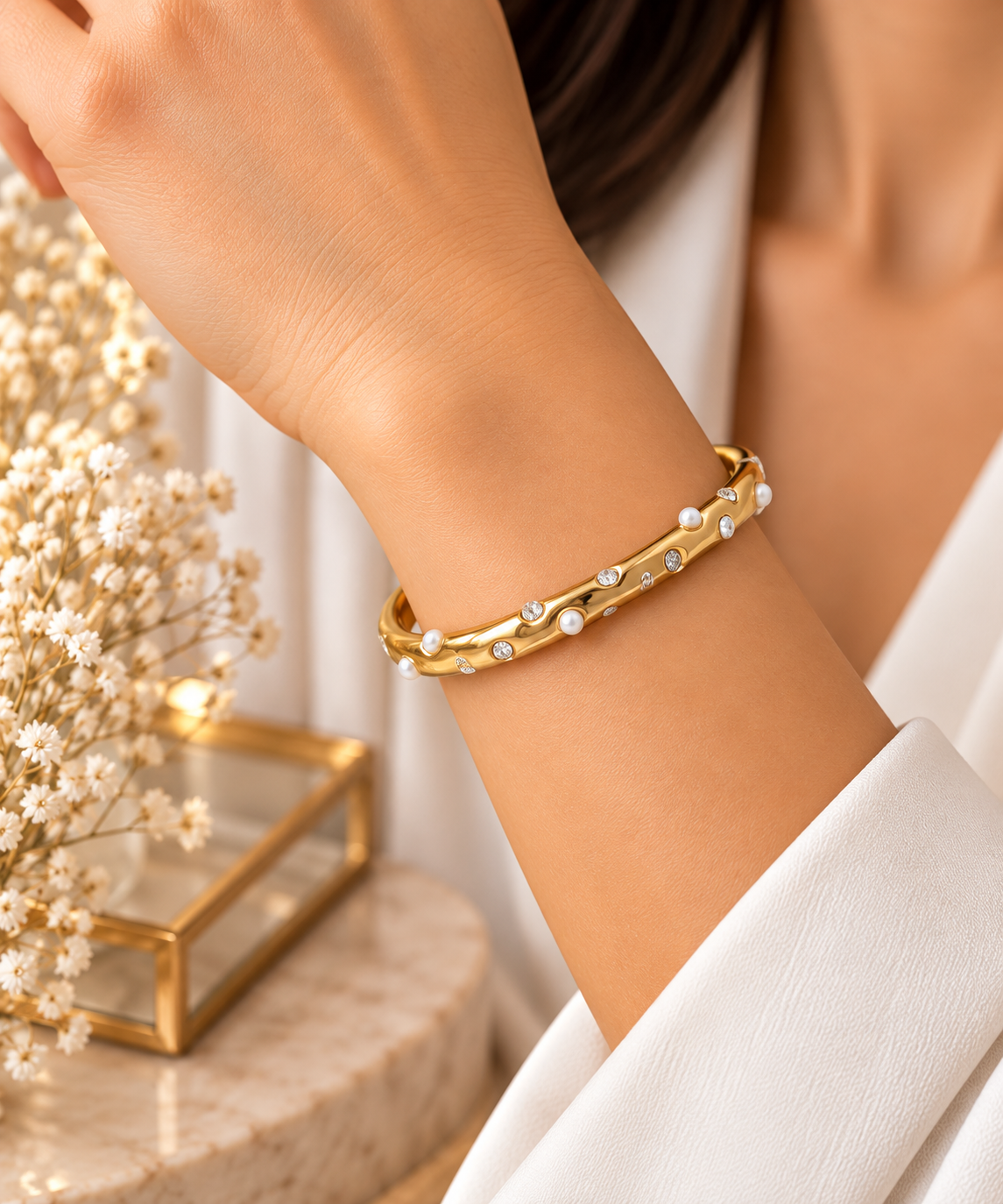Pearl Dots Cuff Bangle – 18K Gold PVD