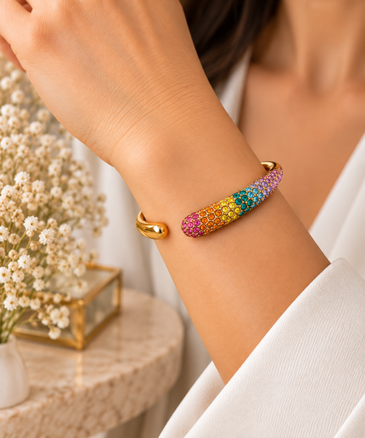 Rainbow Crystal Open Cuff Bangle – 18K Gold PVD