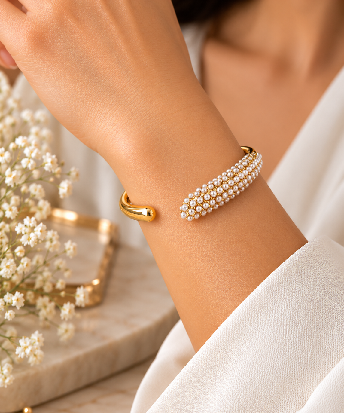 Luxe Pearl & Crystal Cuff Bangle – 18K Gold PVD