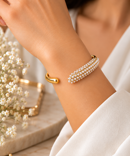 Luxe Pearl & Crystal Cuff Bangle – 18K Gold PVD