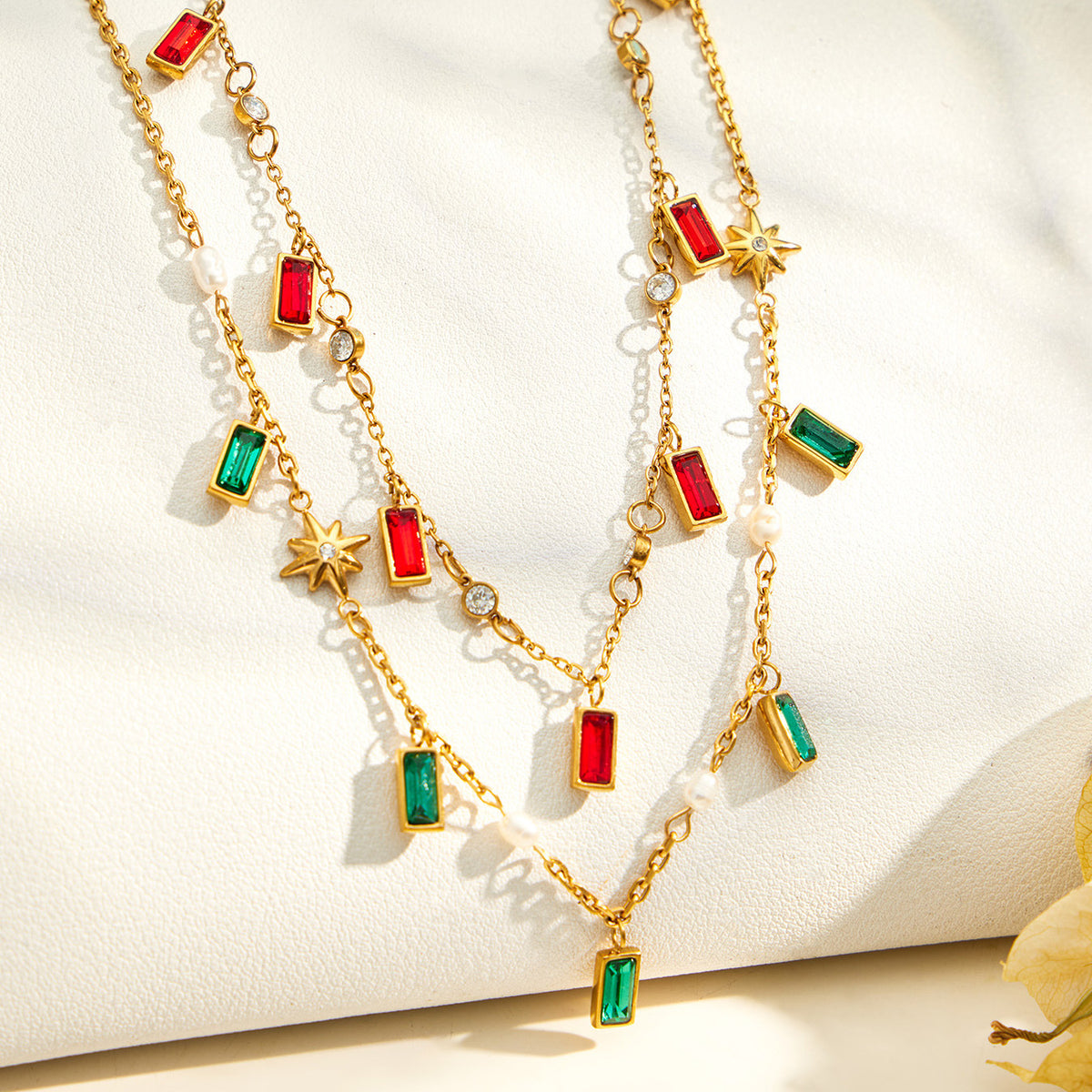 Gold and Gemstone & Pearl Charm Necklace