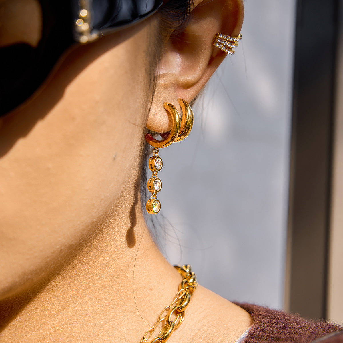 18K Gold Plated Zircon C-Hoop Tassel Drop Earrings