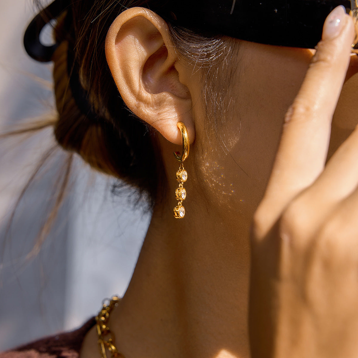 18K Gold Plated Zircon C-Hoop Tassel Drop Earrings