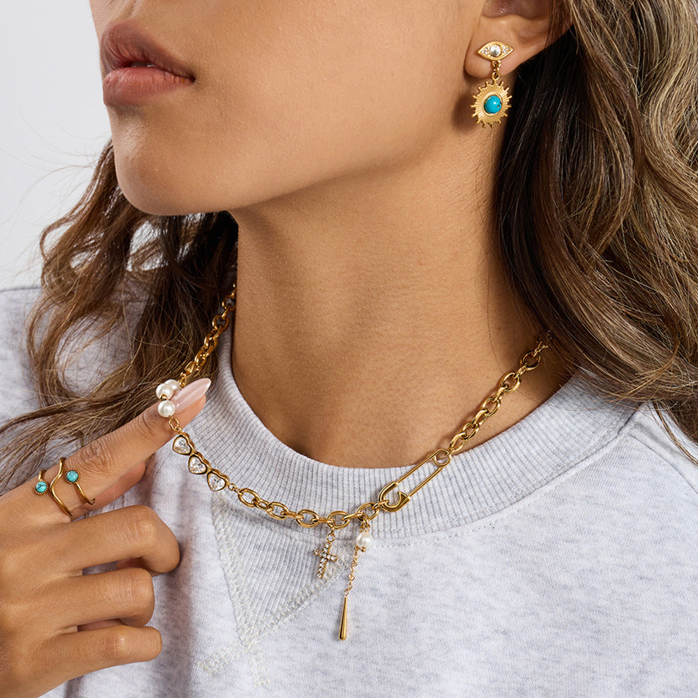 18K Gold Plated Pearl & Heart Charm Link Chain Necklace