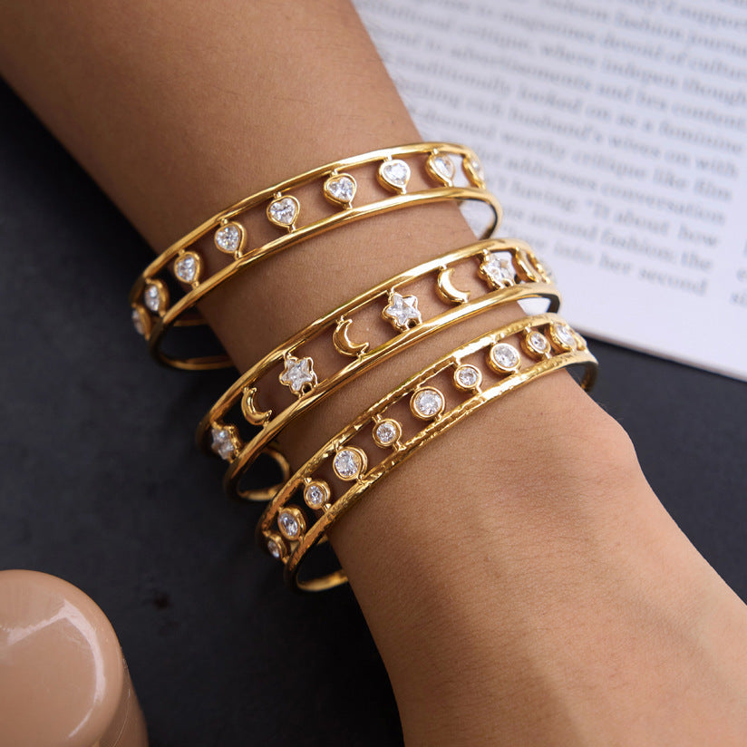 18K PVD Gold CZ Moon, Star & Heart Stackable Bangle Set