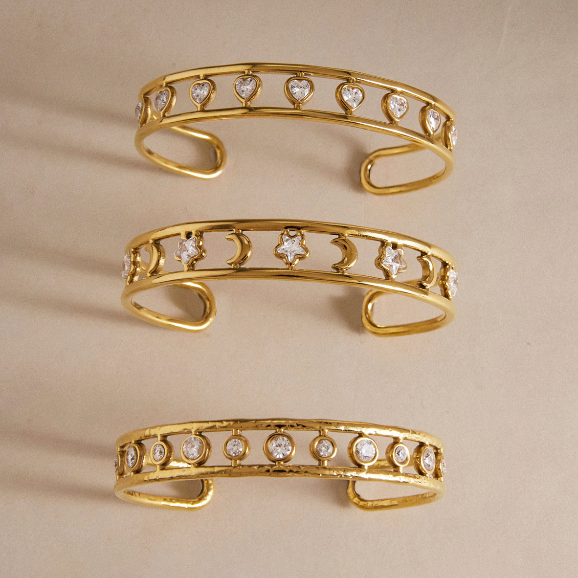 18K PVD Gold CZ Moon, Star & Heart Stackable Bangle Set