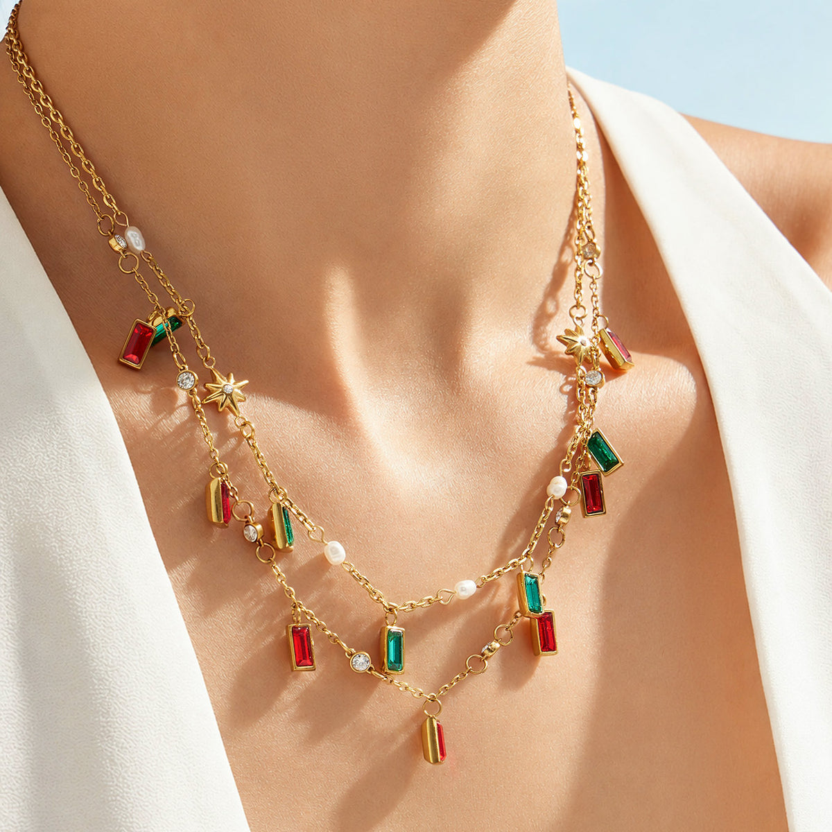 Gold and Gemstone & Pearl Charm Necklace