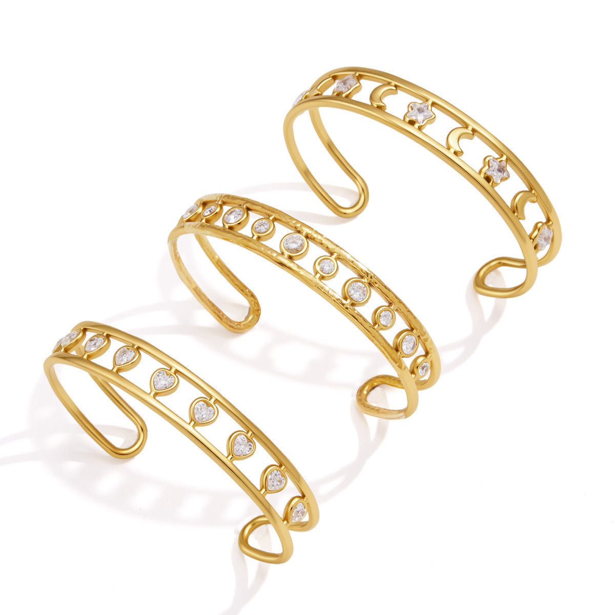 18K PVD Gold CZ Moon, Star & Heart Stackable Bangle Set
