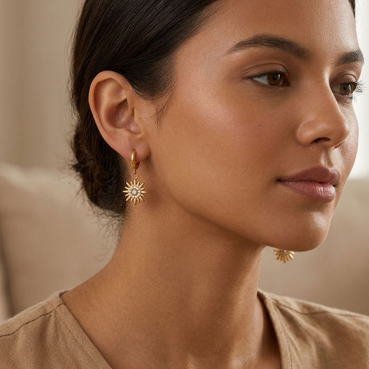 18K Gold Plated Sunburst CZ Huggie Earrings