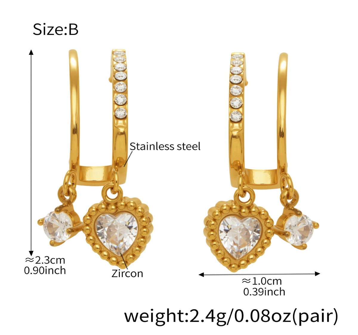 Gold Heart CZ Huggie Drop Earrings
