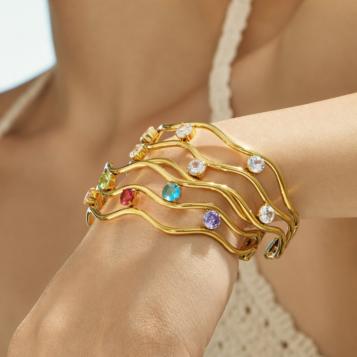 Gold-Tone Multi-Strand Crystal Cuff Bracelet