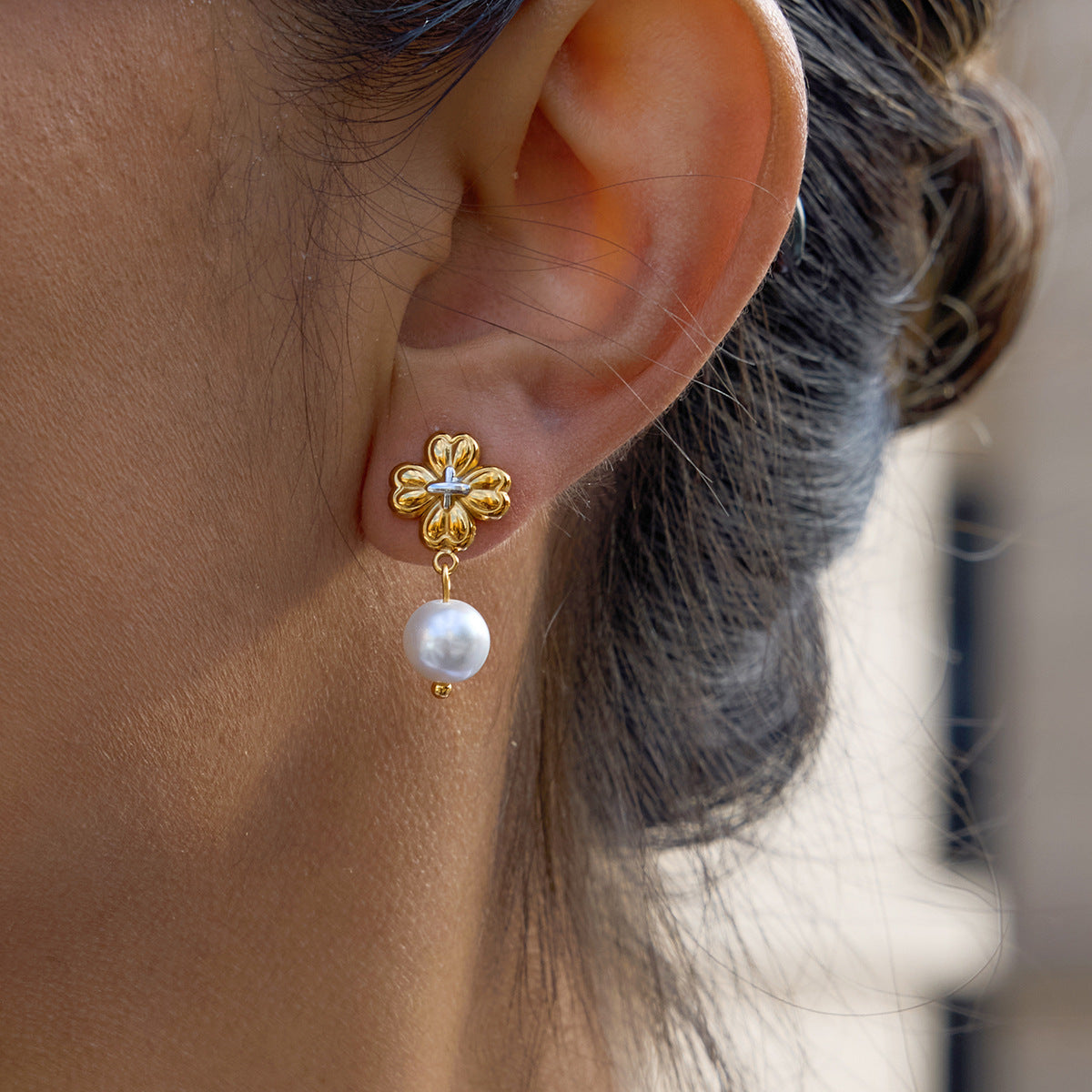18K Gold Plated Flower Pearl Drop Earrings