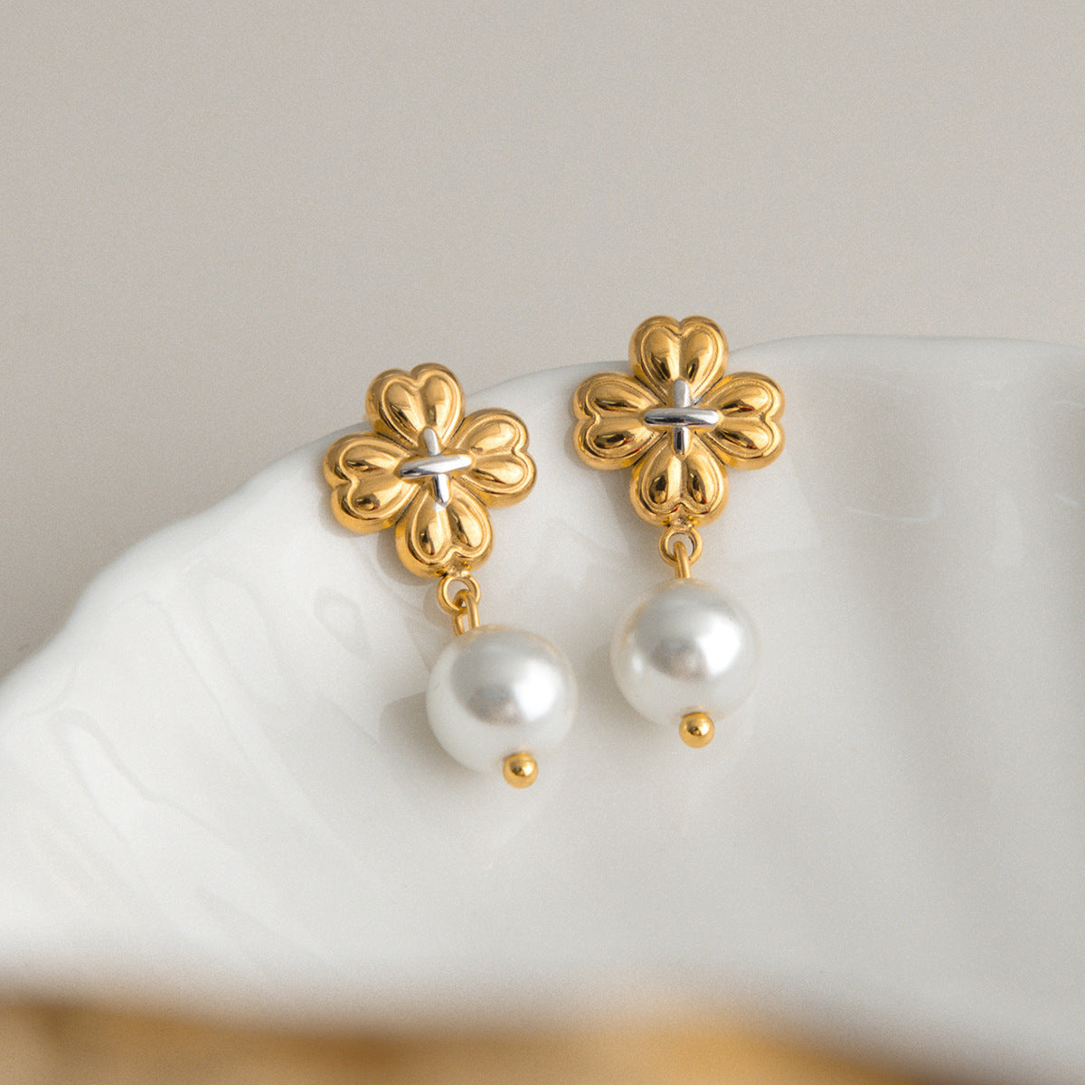 18K Gold Plated Flower Pearl Drop Earrings