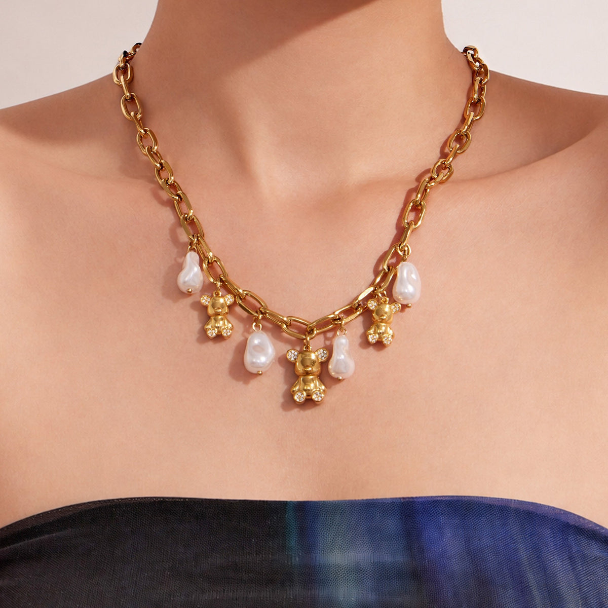 Gold Pearl & Crystal Bear Charm Statement Necklace