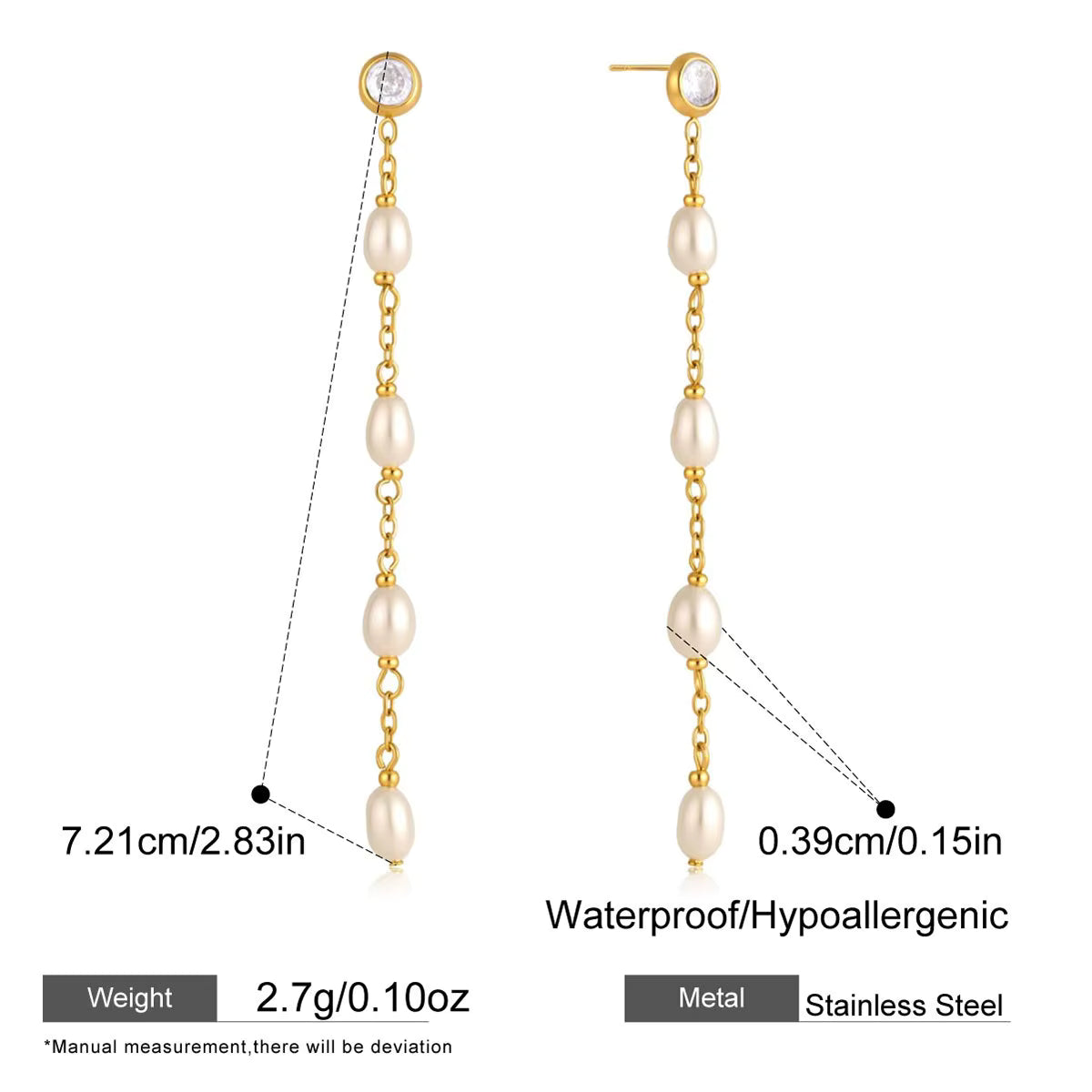 Gold Pearl & Zircon Long Drop Earrings