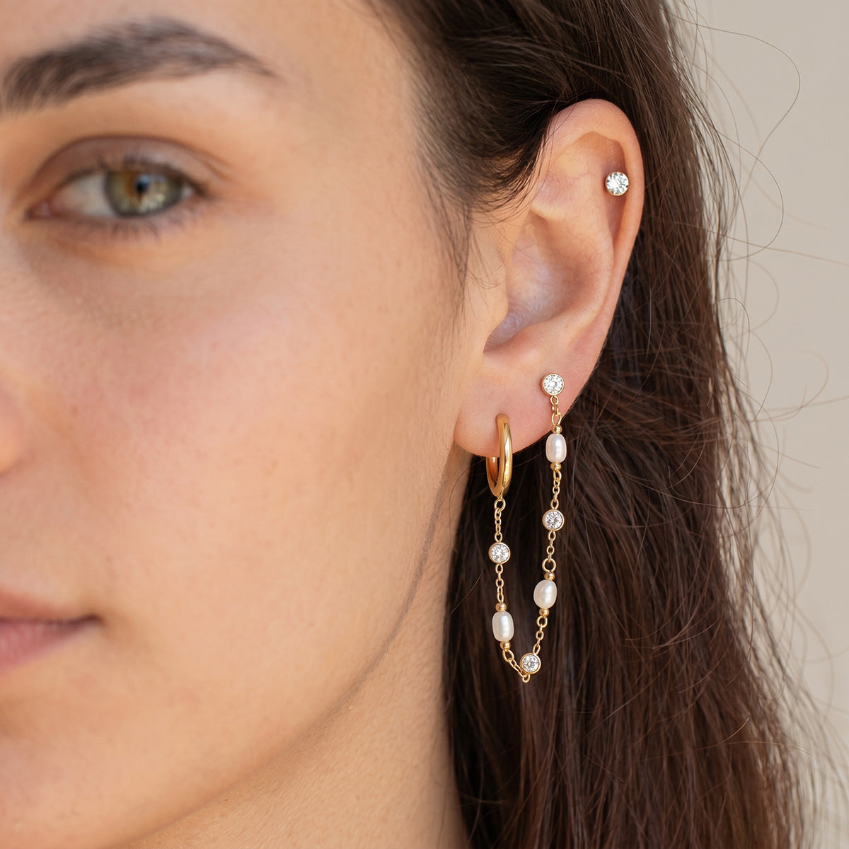Gold Pearl & Zircon Long Chain Drop Earrings