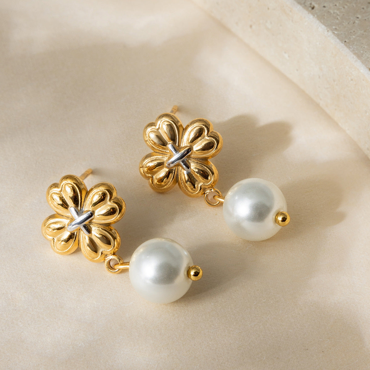 18K Gold Plated Flower Pearl Drop Earrings