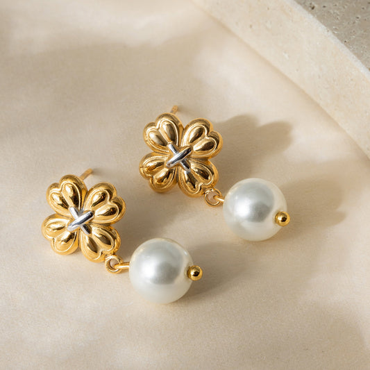18K Gold Plated Flower Pearl Drop Earrings