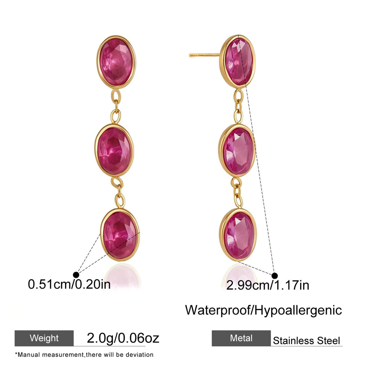 Gold Triple Pink Gemstone Drop Earrings