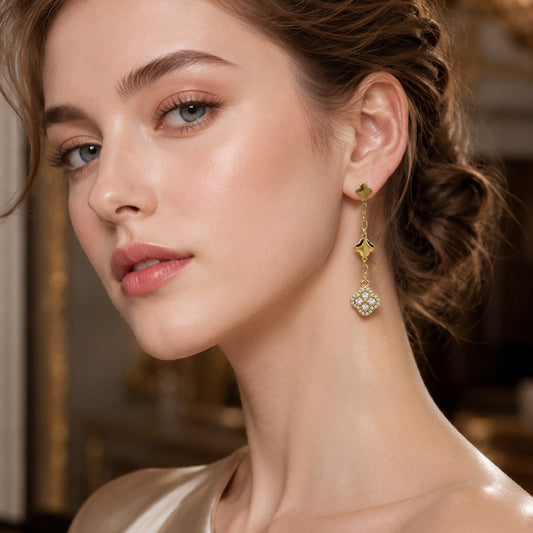 18K Gold Plated Four-Leaf CZ Drop Earrings