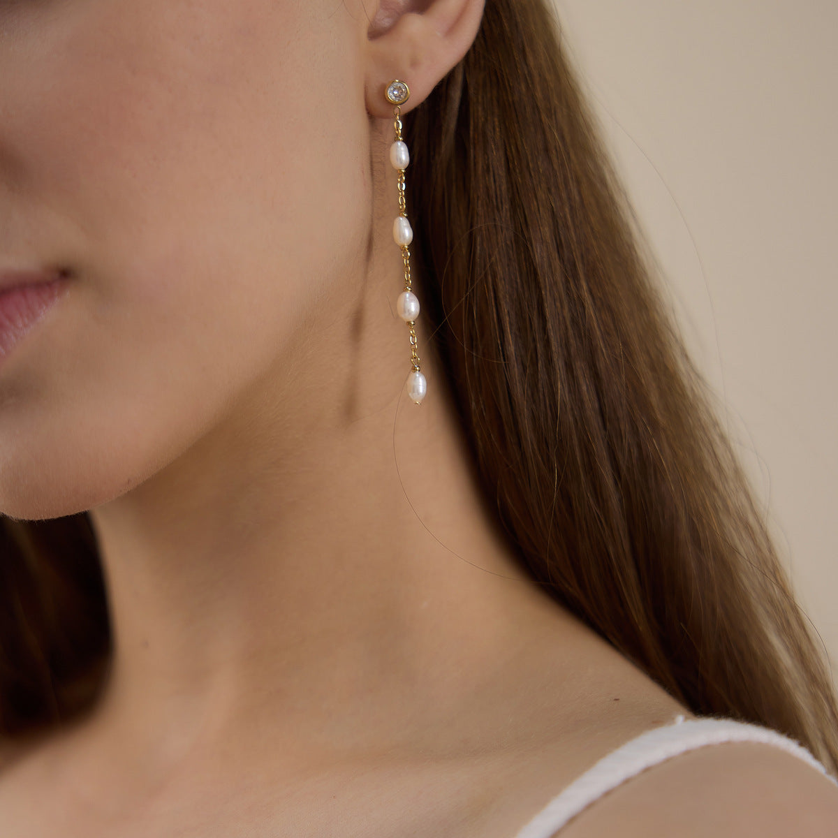 Gold Pearl & Zircon Long Drop Earrings