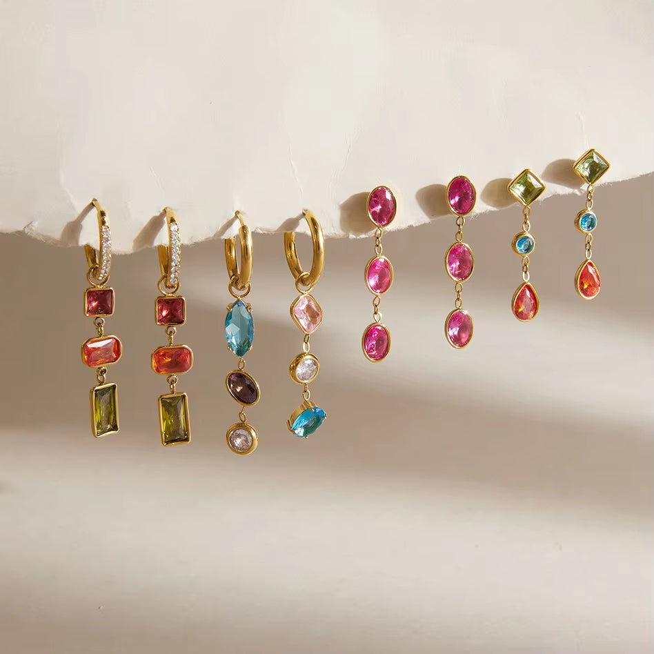 Gold Multi-Colour Gemstone Huggie Drop Earrings