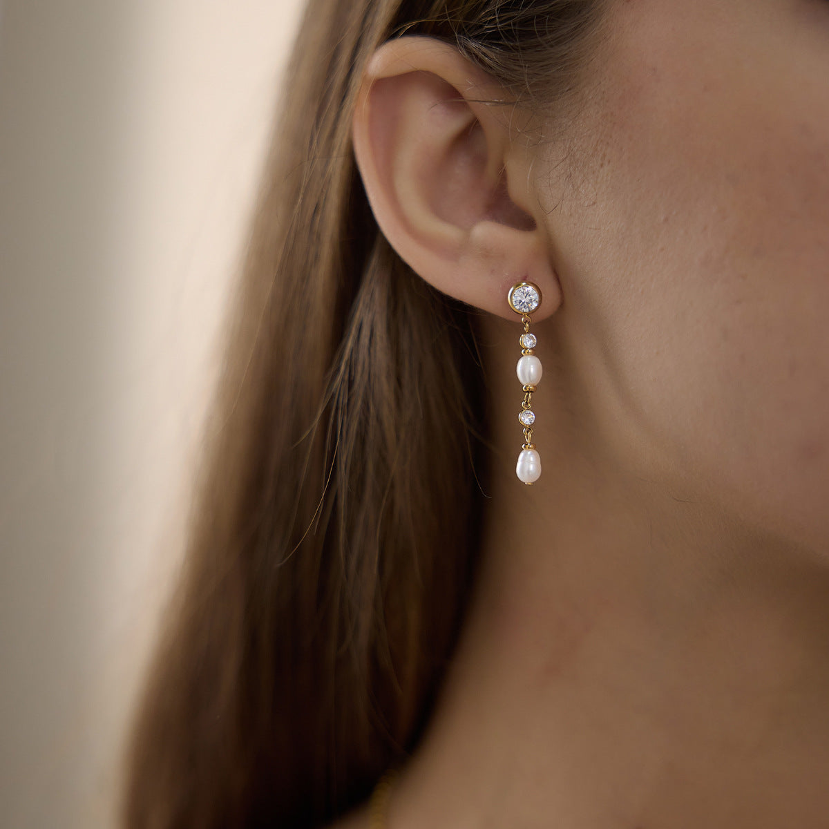 Gold Pearl & Zircon Drop Earrings