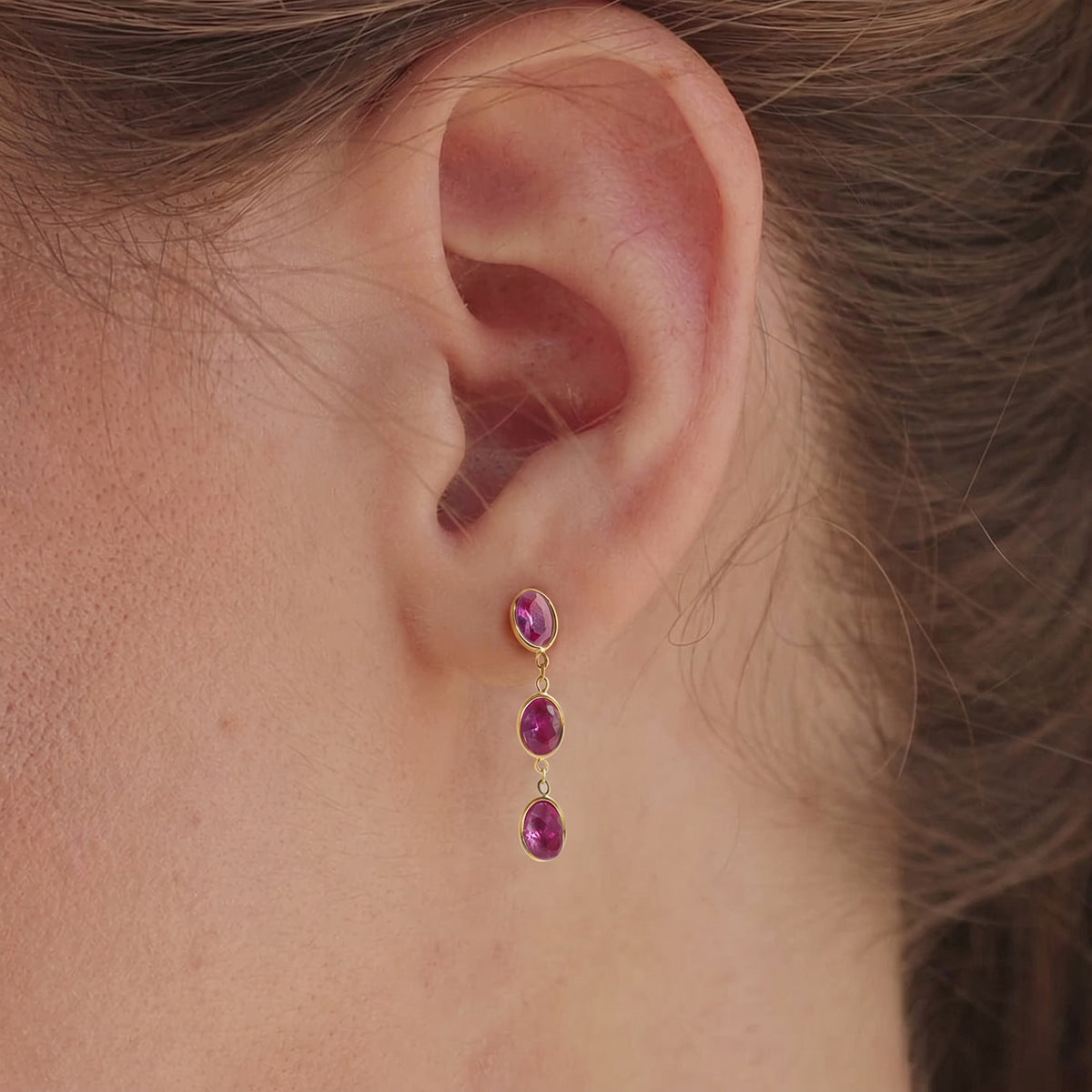 Gold Triple Pink Gemstone Drop Earrings