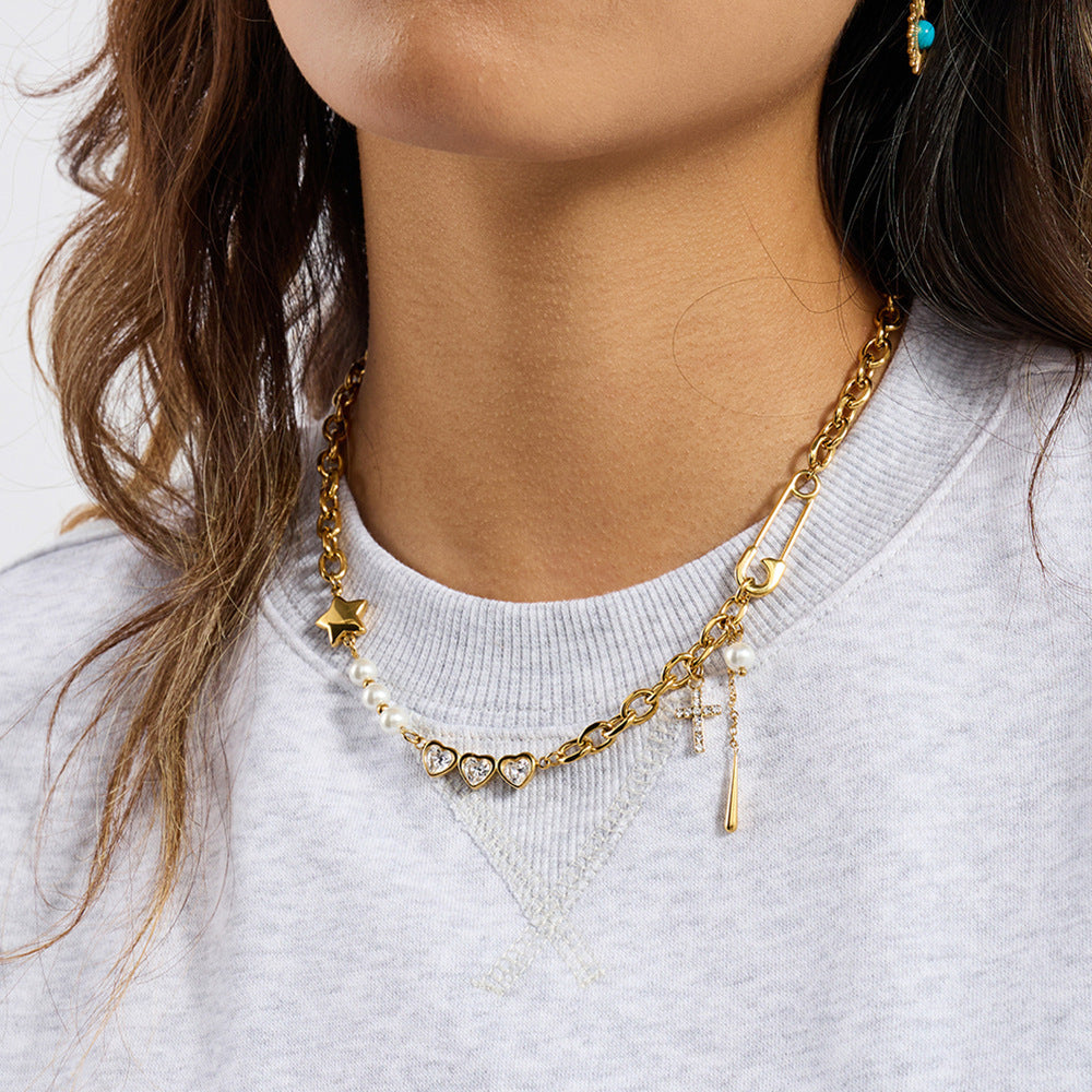 18K Gold Plated Pearl & Heart Charm Link Chain Necklace