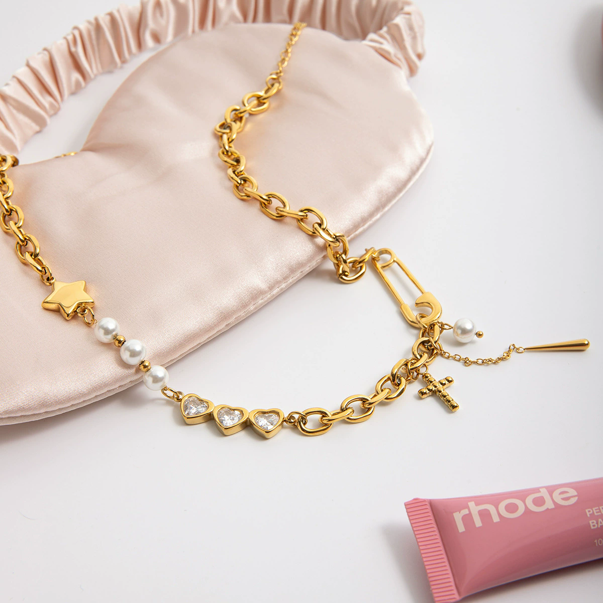 18K Gold Plated Pearl & Heart Charm Link Chain Necklace