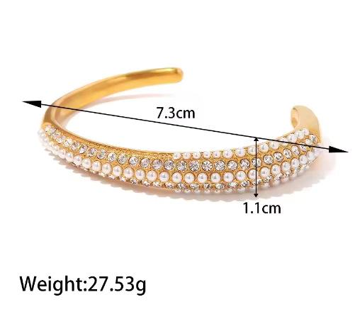 Luxe Pearl & Crystal Cuff Bangle – 18K Gold PVD