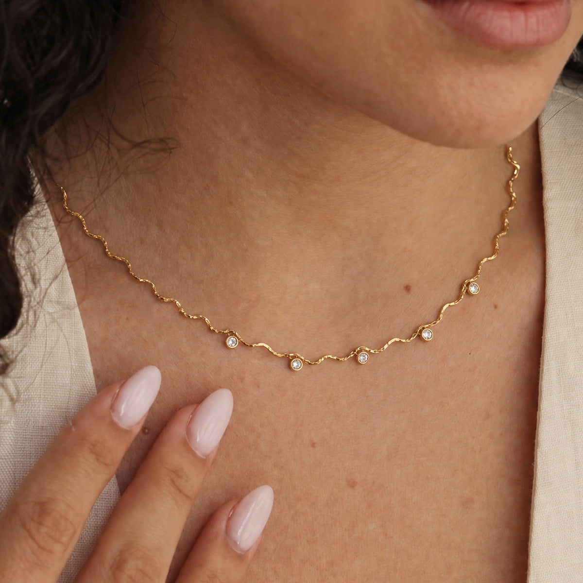 18K PVD Gold Plated Wavy CZ Necklace